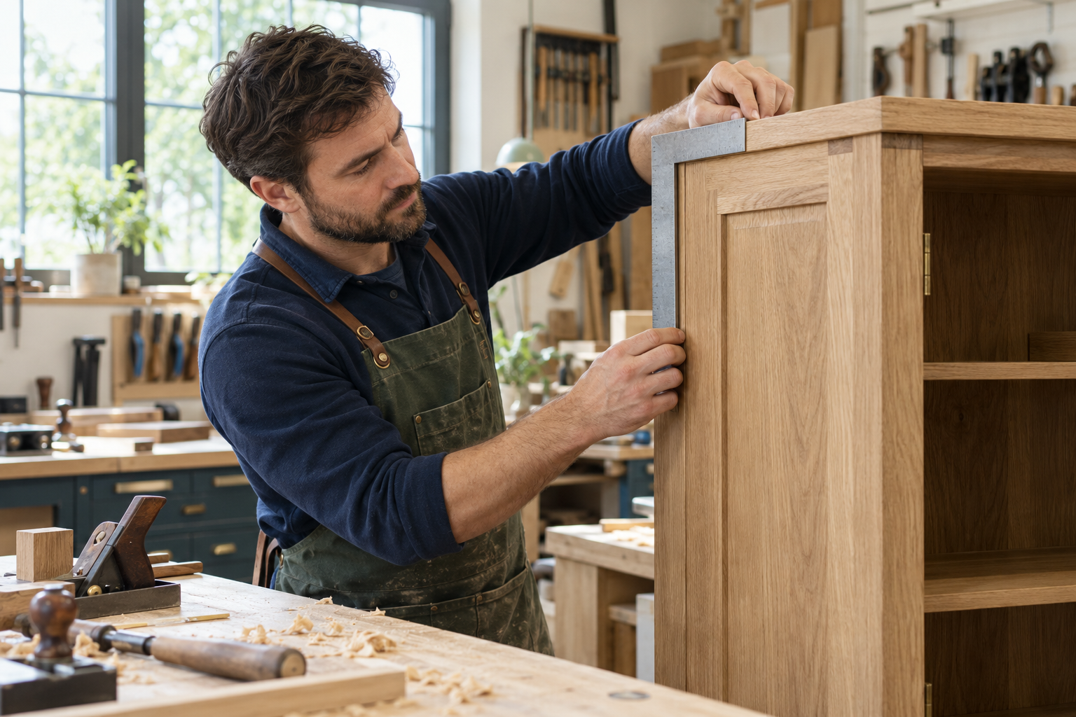 Carpenter checking bespoke oak joinery — generated demo photograph