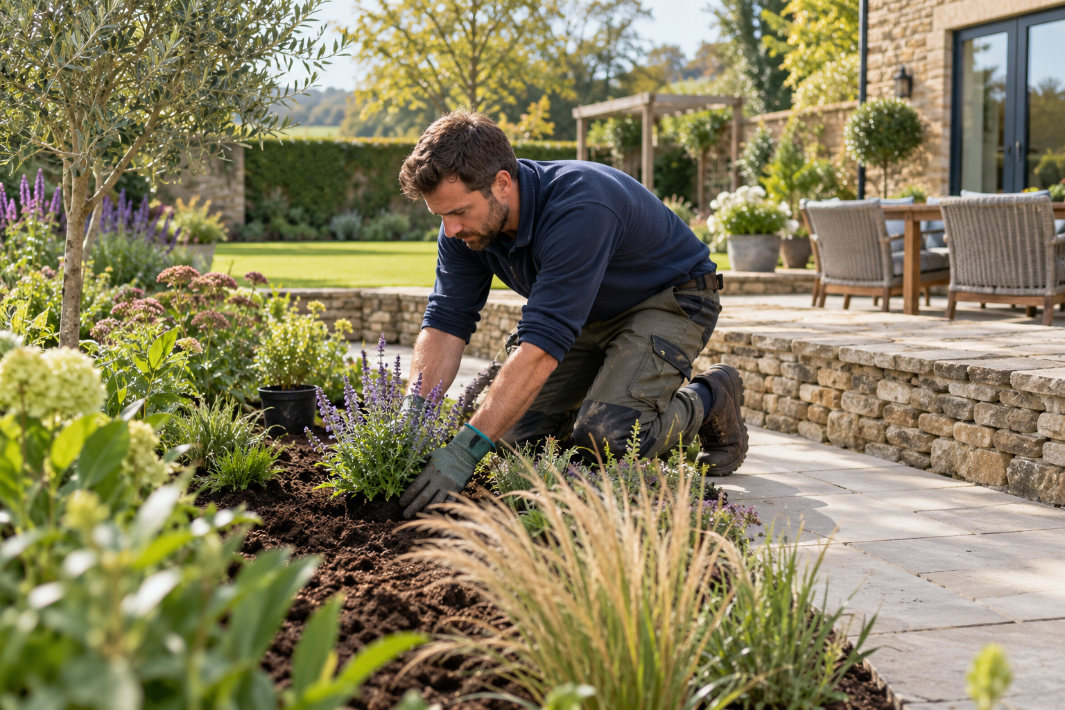 Landscaper planting a UK garden — generated demo photograph